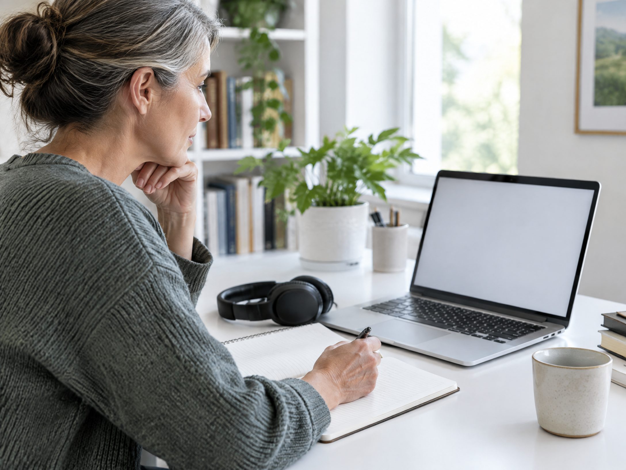 Adult reviewing learning notes at a home workspace