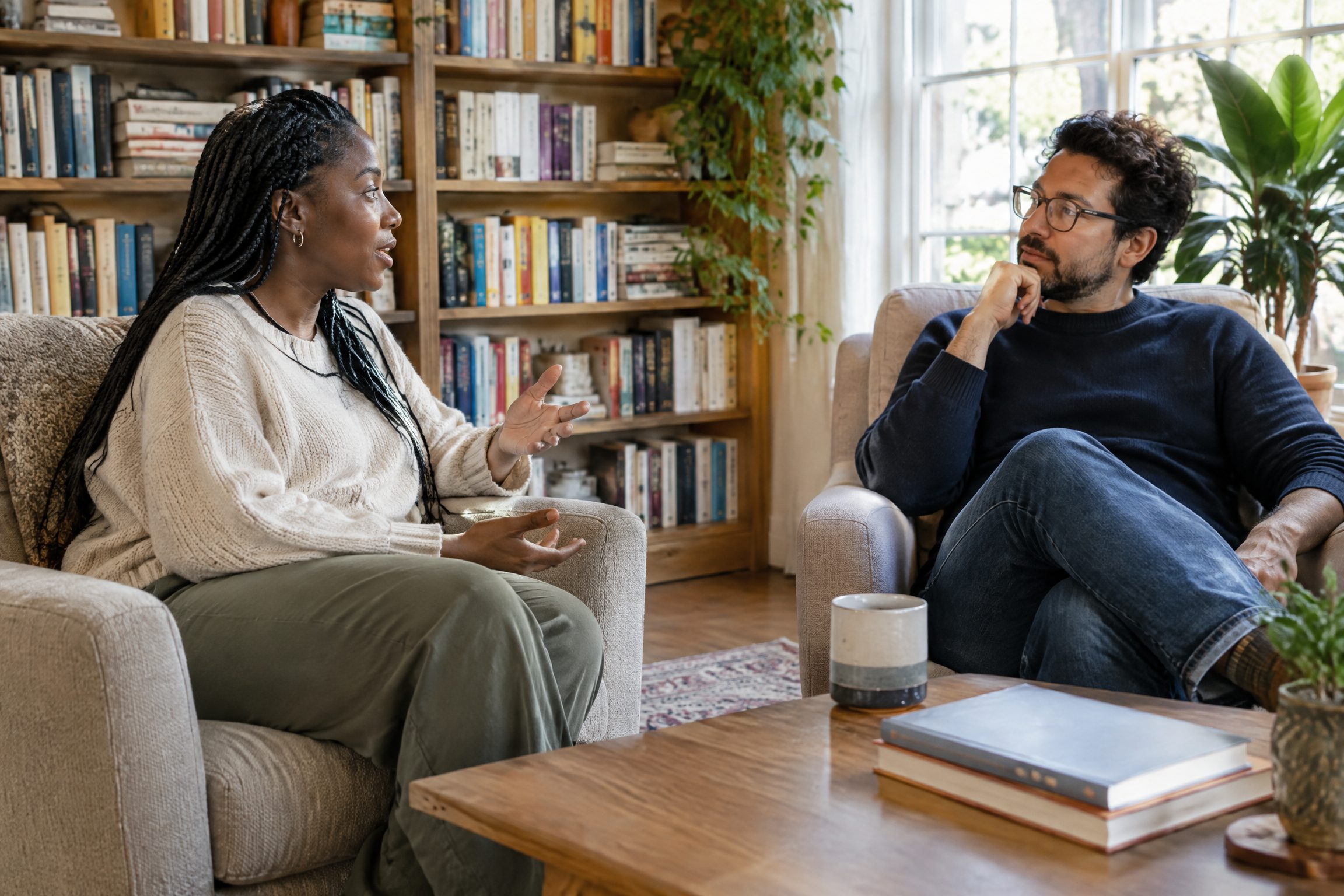 Two adults practicing attentive listening