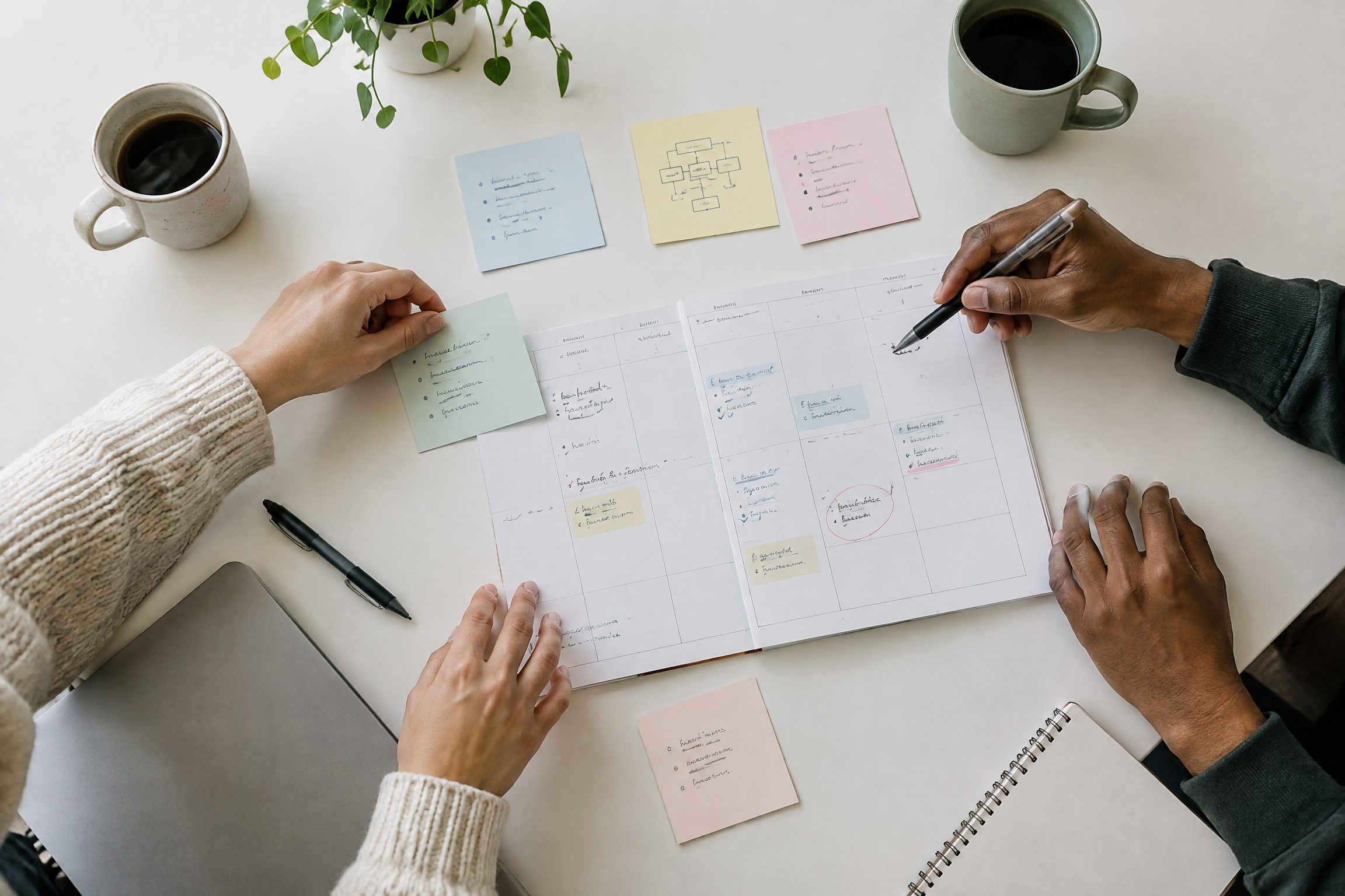 People writing shared priorities in notebooks